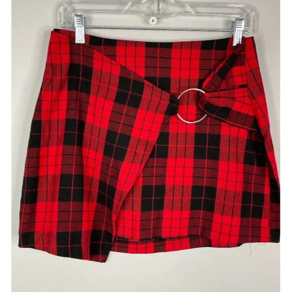 Almost Famous Mini Skirt Red Black Plaid Faux Wrap Y2K 90's schoolgirl Goth